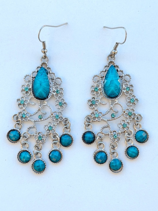 Jewelry - Faux Turquoise and Light Blue Rhinestones Silver-Tone Chandelier Dangle Earrings